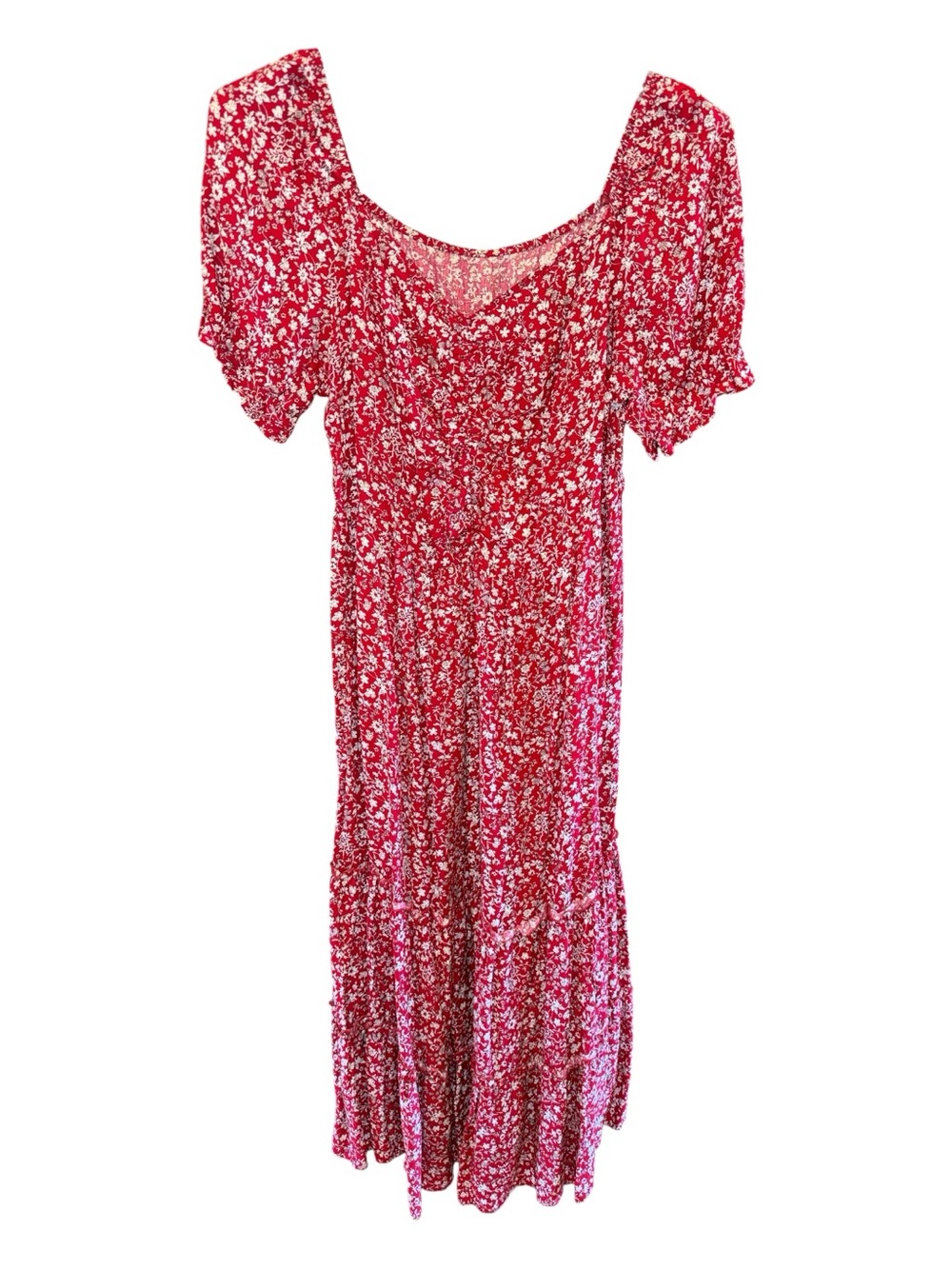 BloomChic Red Floral Puff-Sleeve Maxi Dress.